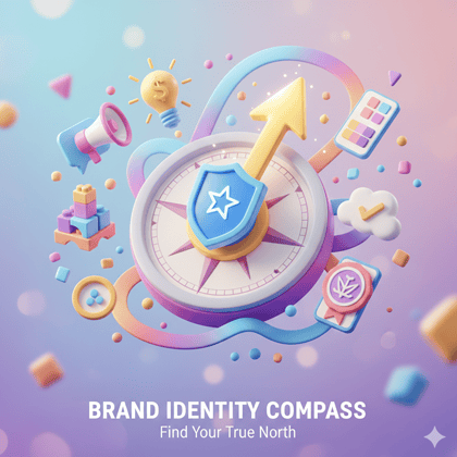 Vibrant 3D cartoon illustration of a brand compass surrounded by elements like a megaphone, building blocks, and lightbulb, symbolizing strategic Brand Identity and direction for businesses.