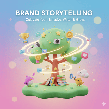 Colorful 3D cartoon image depicting a vibrant Brand Storytelling tree growing with digital marketing icons, books, and awards, representing the development and growth of a compelling brand narrative.