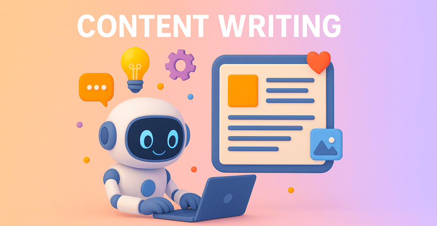AI content writing illustration showing blog creation on laptop for content marketing