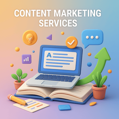 3D content marketing concept with laptop, written content, and growth strategy