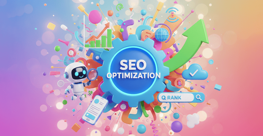Vibrant 3D cartoon illustration of Search Engine Optimization (SEO), showing a magnifying glass hovering over a website icon with colorful ascending data charts and a bright trophy or star icon, symbolizing improved ranking and visibility.