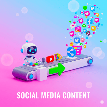 Colorful cartoon rendering of a content conveyor belt machine generating scheduled posts and viral media, representing professional Social Media Marketing Services for businesses in Goa.
