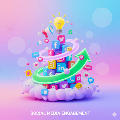 3D cartoon illustration of a vibrant social media marketing hub, showing a tower of platform icons (likes, shares, hearts) distributing content, perfect for Social Media Marketing in Goa.