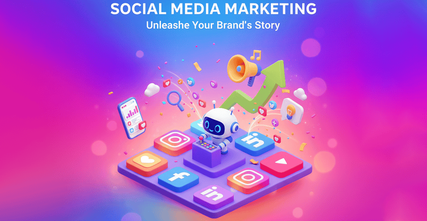 Social media marketing illustration showing a robot managing multiple platforms, highlighting SMM services for brand growth and engagement.