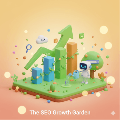 Bright, cartoon 3D image depicting digital marketing success as a garden, where keywords grow into ranking trophies and organic traffic flowers are watered by link building efforts.