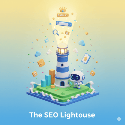 3D cartoon style illustration of a website navigating complex search engine waters, guided by an SEO lighthouse beaming a light onto data charts and security shields.