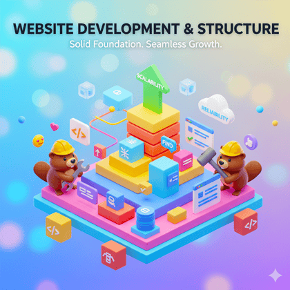 Cartoon 3D illustration of a website being expertly built block-by-block with coding elements and tools, symbolizing high-quality Website Development and structural design services.