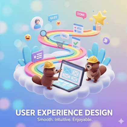 
Vibrant 3D cartoon showing a seamless user experience path through a website interface, representing expert Website Design Services and intuitive UX development.